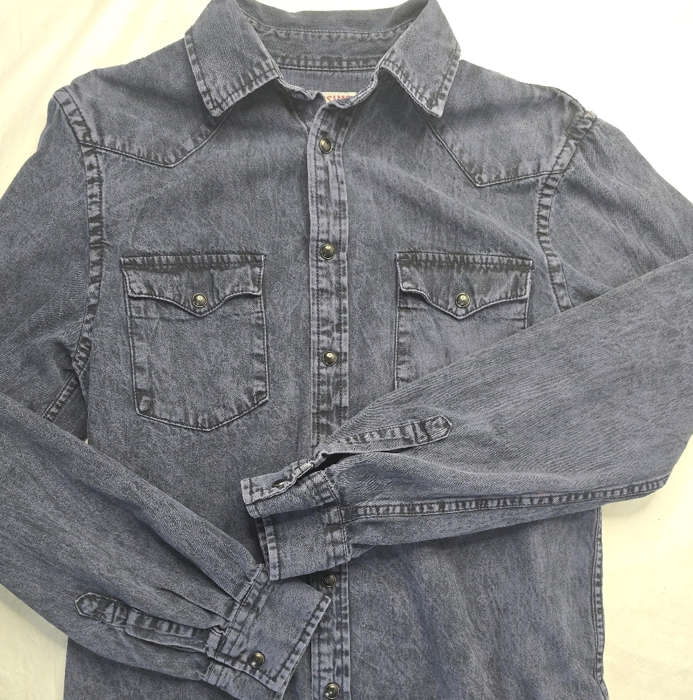 Mossimo 90s Grunge Acid Wash Blue Denim Shirt Black Pearl Snap Button Western S